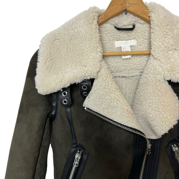 H&M Sherpa Fuax Suede Moto BIker Jacket Olive Green Zip Up Womens 2 - Picture 4 of 9